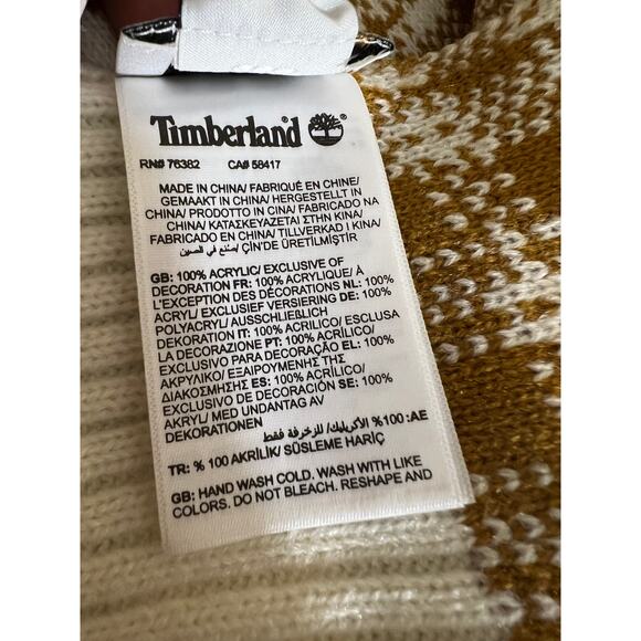 Timberland SCARF Sweater Knit Cream Gold Mustard Ribbed Hem Plaid Warm NEW - Picture 7 of 8